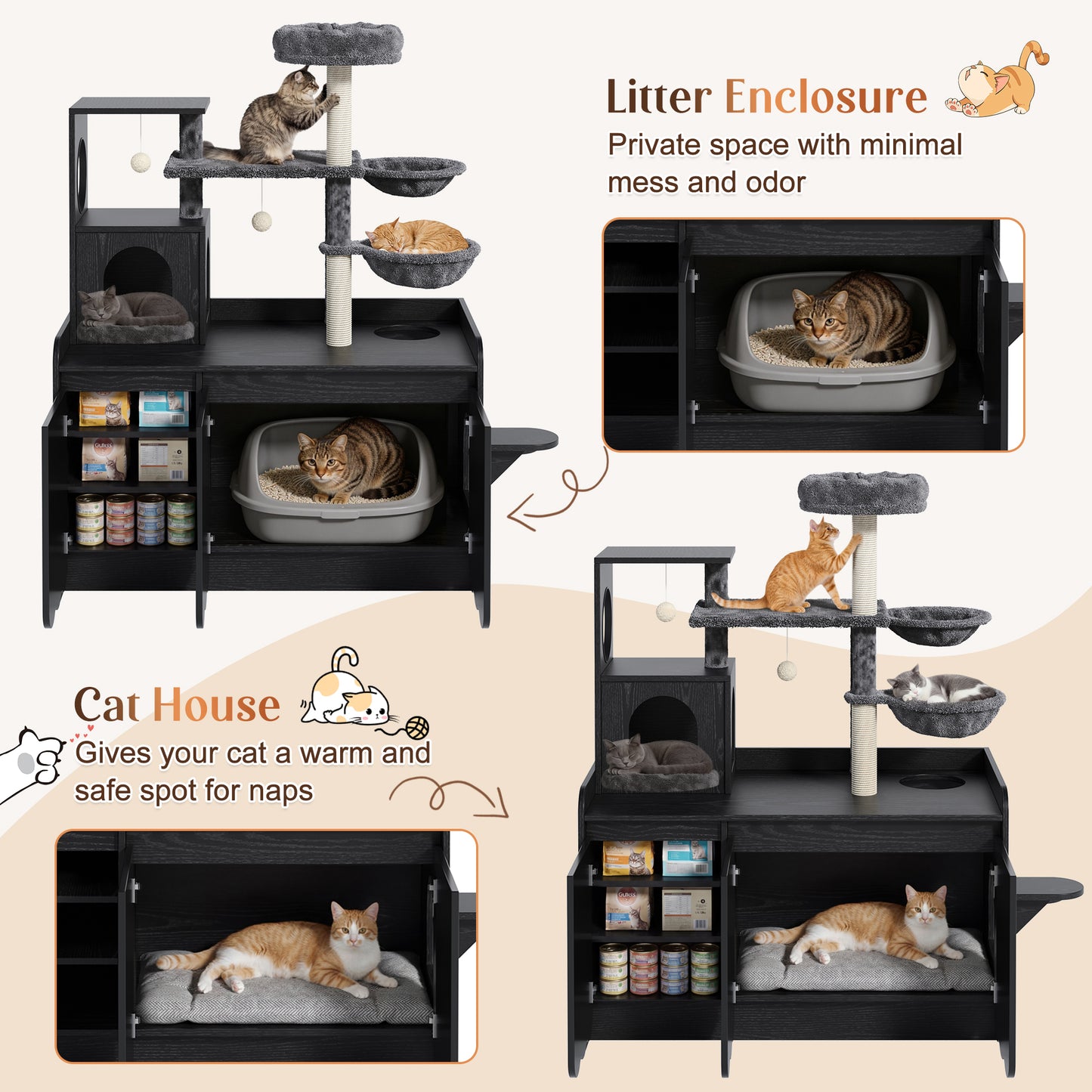 The Tower Suite — 50" Cat Tree with Hidden Litter Enclosure, Hammocks & Perch