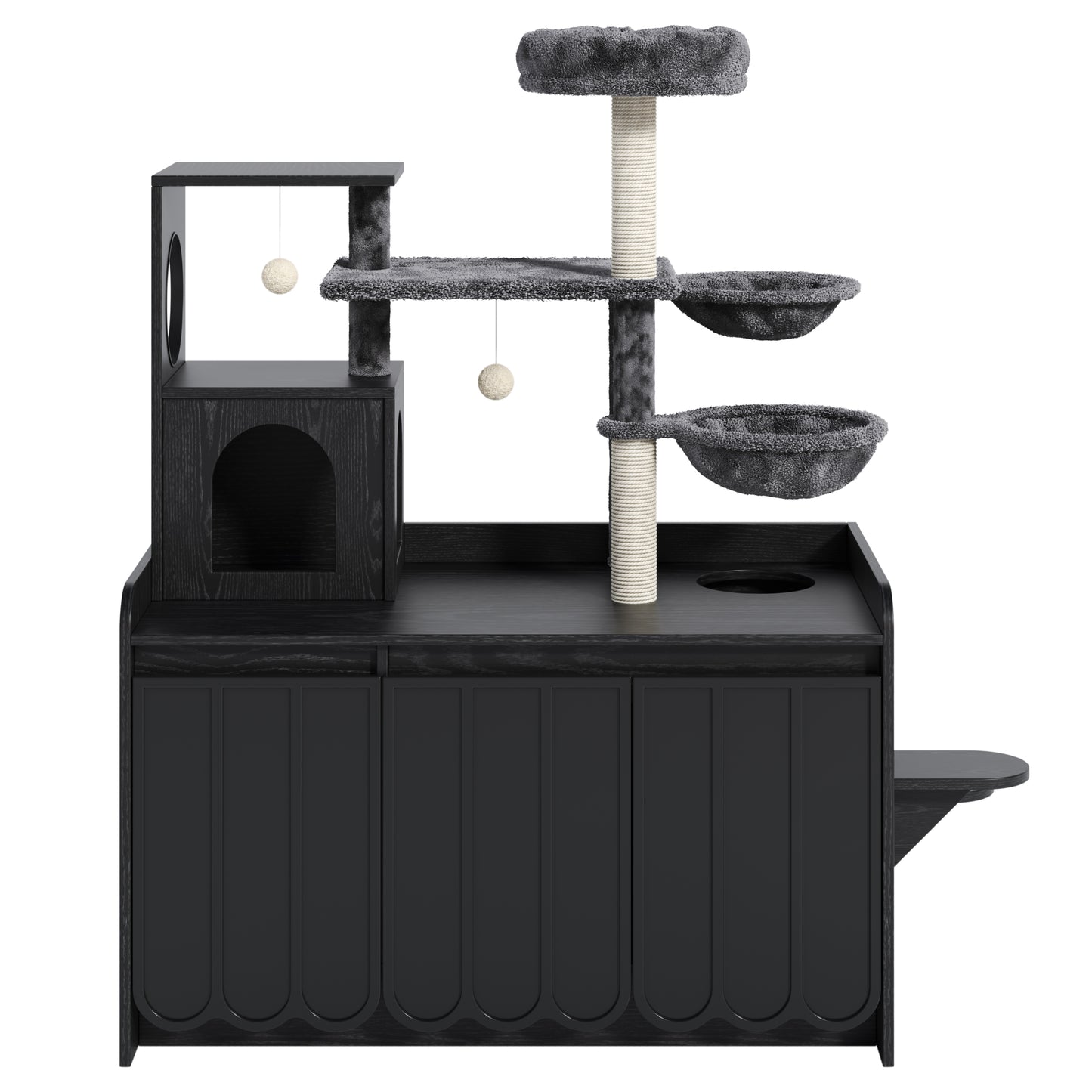 50.6 Cat Tree With Litter Box Enclosure, Cat Tower With Sisal Scratching Post And Storage Space, Hidden Litter Enclosure Furniture, All-in-One Modern Cat Condo With House, Hammock And Perch, Black