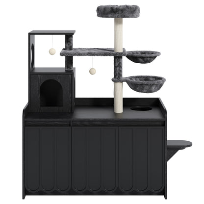 50.6 Cat Tree With Litter Box Enclosure, Cat Tower With Sisal Scratching Post And Storage Space, Hidden Litter Enclosure Furniture, All-in-One Modern Cat Condo With House, Hammock And Perch, Black