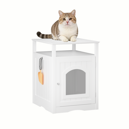 Cat Litter Box Enclosure Furniture, Indoor Wooden Cat House With Enclosed Cabinet, Hidden Litter Box Furniture With Storage Shelf, Modern Cat Condo Side Table For Living Room Or Bedroom White