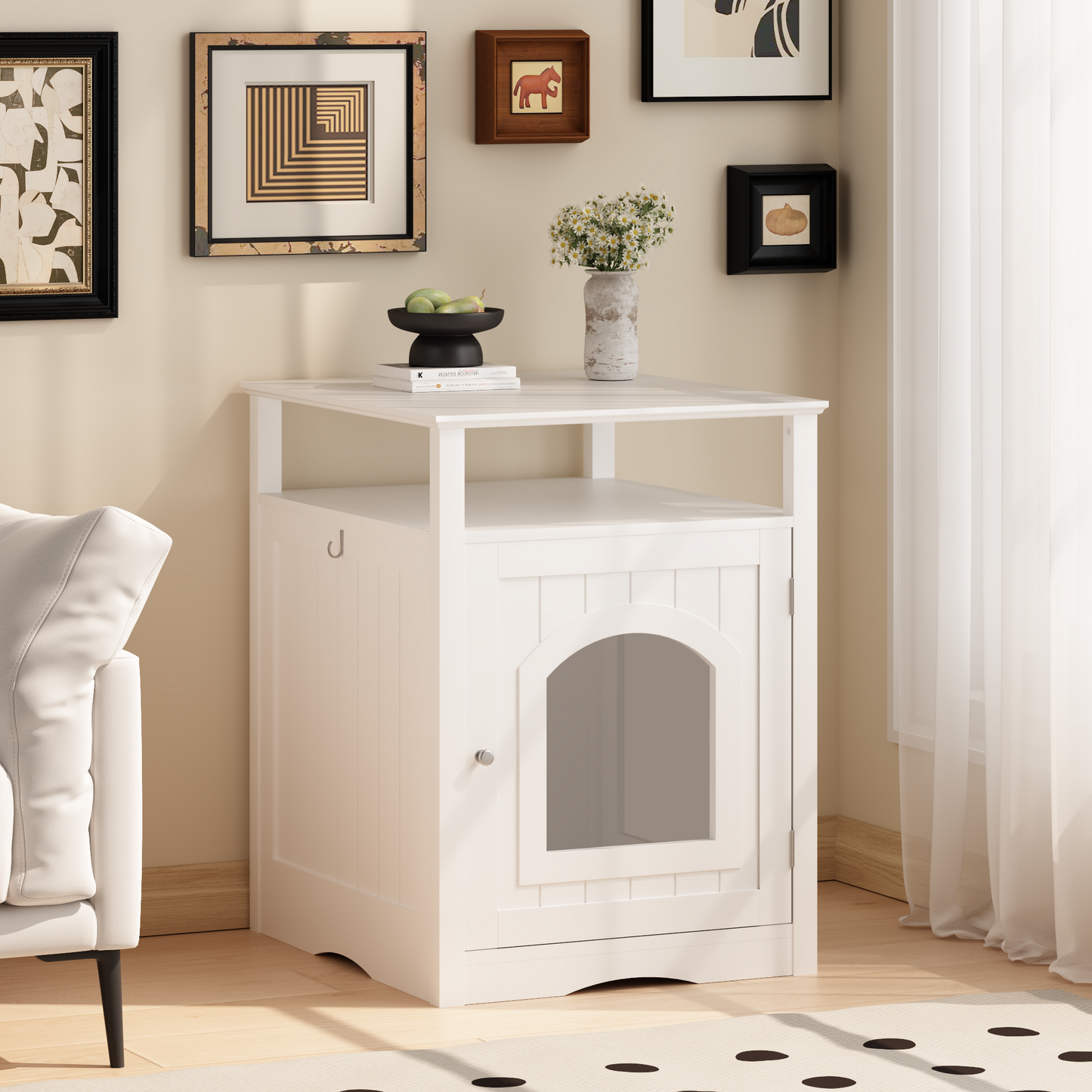 Cat Litter Box Enclosure Furniture, Indoor Wooden Cat House With Enclosed Cabinet, Hidden Litter Box Furniture With Storage Shelf, Modern Cat Condo Side Table For Living Room Or Bedroom White
