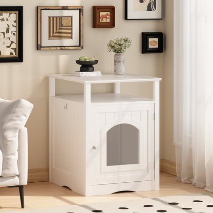 Cat Litter Box Enclosure Furniture, Indoor Wooden Cat House With Enclosed Cabinet, Hidden Litter Box Furniture With Storage Shelf, Modern Cat Condo Side Table For Living Room Or Bedroom White