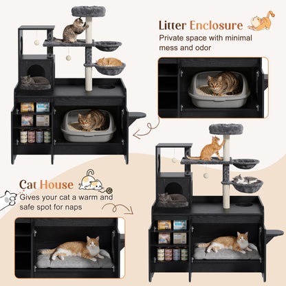 50.6 Cat Tree With Litter Box Enclosure, Cat Tower With Sisal Scratching Post And Storage Space, Hidden Litter Enclosure Furniture, All-in-One Modern Cat Condo With House, Hammock And Perch, Black