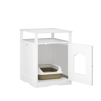 Cat Litter Box Enclosure Furniture, Indoor Wooden Cat House With Enclosed Cabinet, Hidden Litter Box Furniture With Storage Shelf, Modern Cat Condo Side Table For Living Room Or Bedroom White
