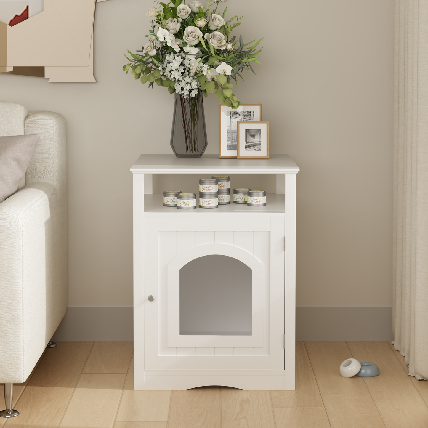 Cat Litter Box Enclosure Furniture, Indoor Wooden Cat House With Enclosed Cabinet, Hidden Litter Box Furniture With Storage Shelf, Modern Cat Condo Side Table For Living Room Or Bedroom White
